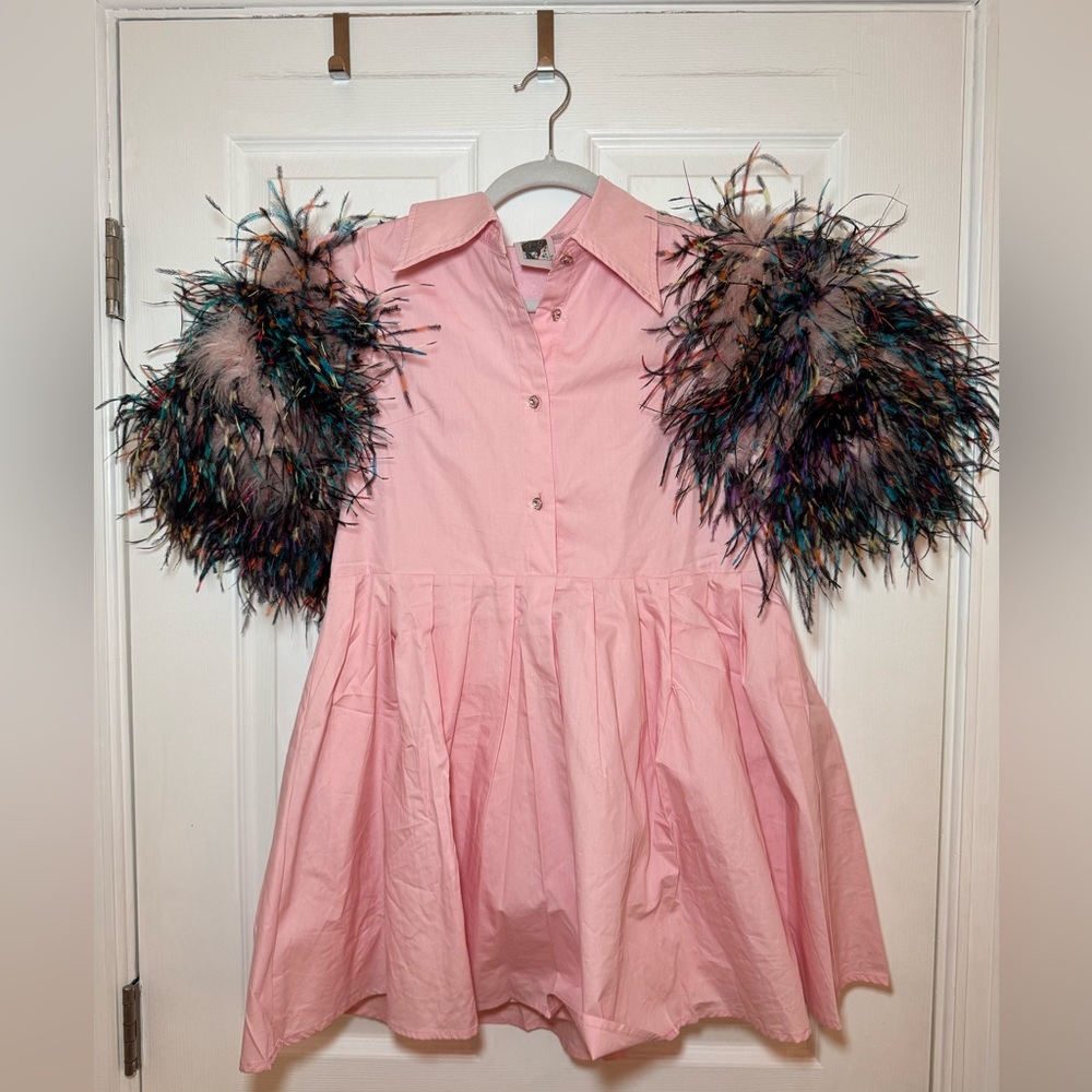 QUEEN OF SPARKLES. Feather Poof Sleeve Button Down Dress. NWOT. Size S